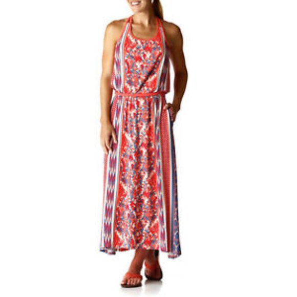 North Face Nicolette Maxi Dress, Coral and Blue Ikat Pattern - Picture 3 of 7